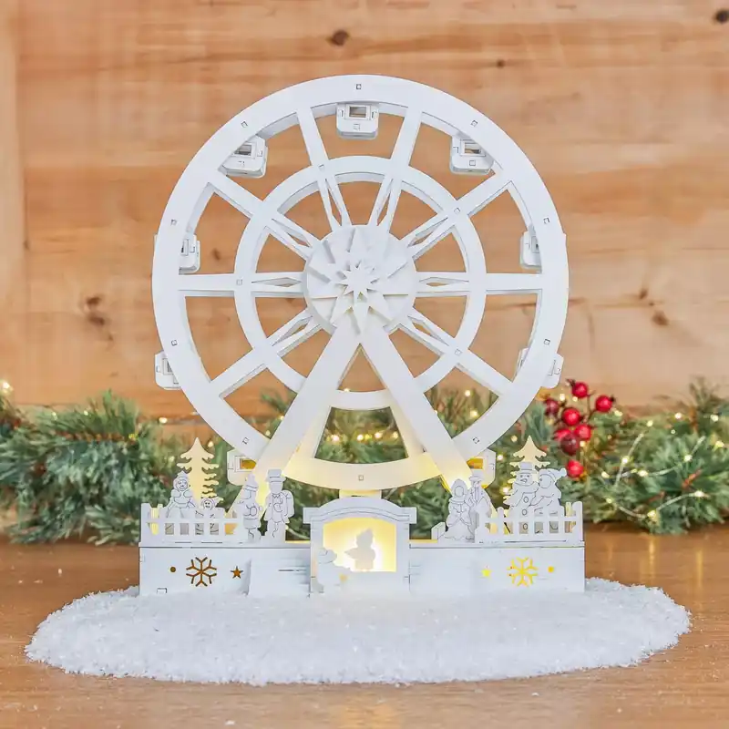 Villaggio di Natale in legno luminoso e animato (H30 cm) Grande ruota di Natale