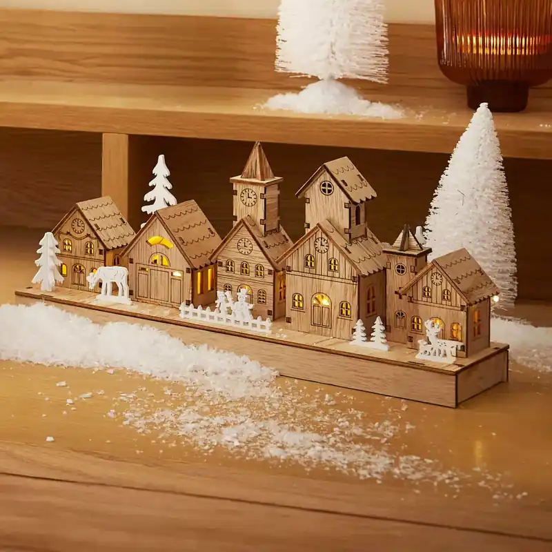Scena di vita luminosa a pile in legno (30 x H13 cm) Borgo fatato