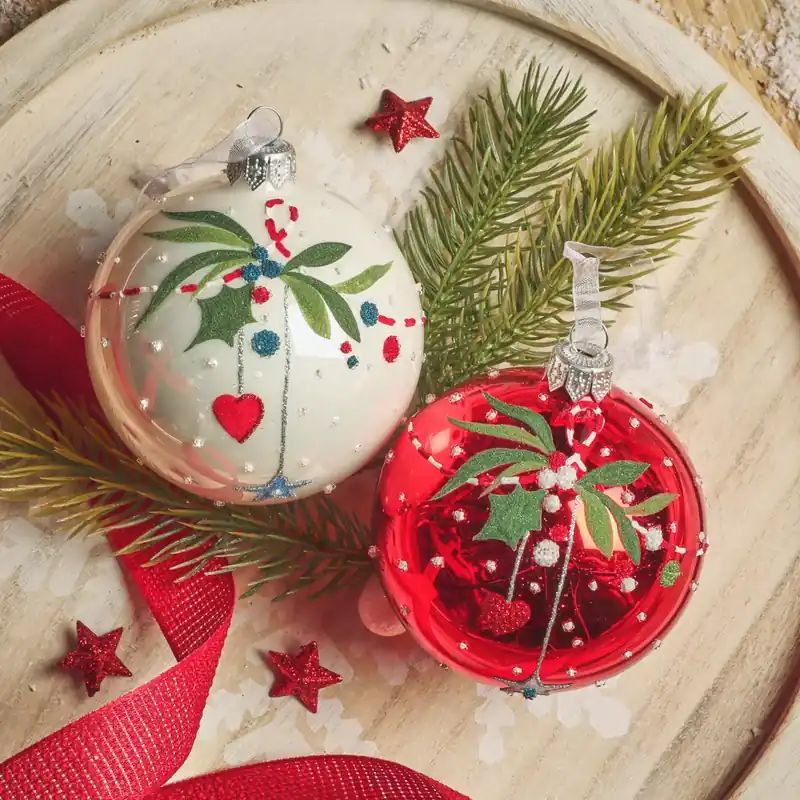 Set di 6 palline di Natale in vetro (D80 mm) Natale d‘Antan Rosso e bianco