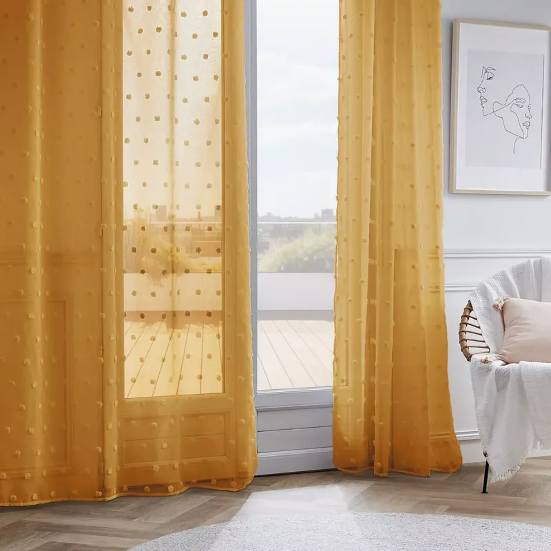 Tenda trasparente con occhielli pon pon (140 x 240 cm) Emie Giallo senape