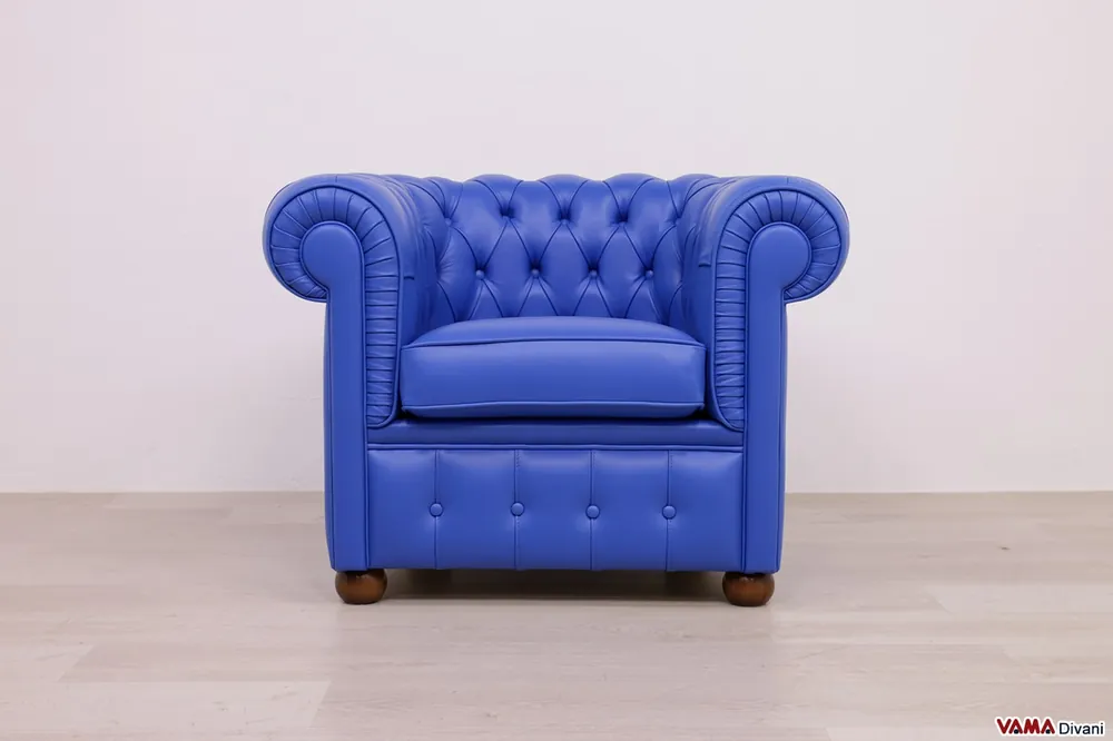Piccola poltrona Chesterfield in Pelle Blu Cobalto