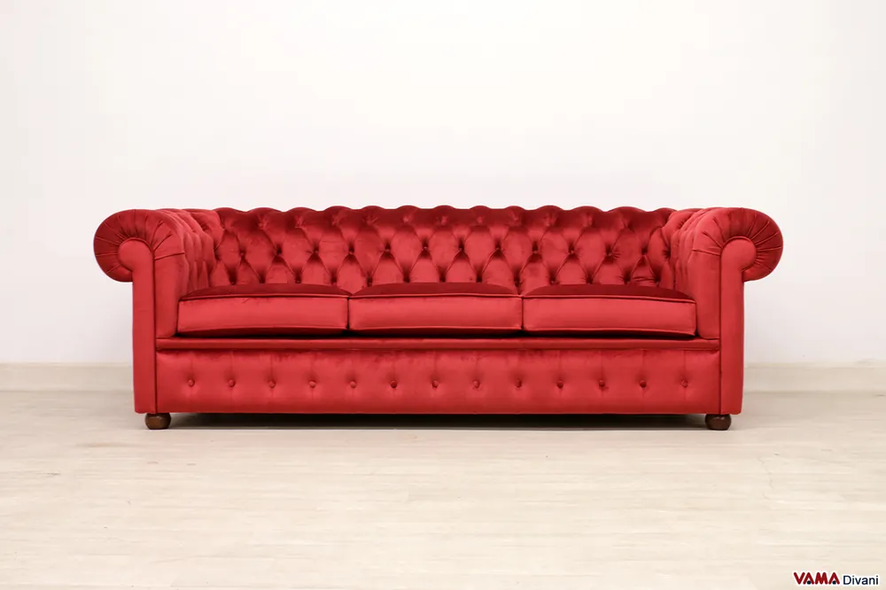 Divano Chesterfield 3 posti in velluto sintetico rosso