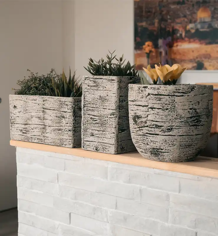 Set di 3 vasi in cemento effetto legno bianco – Stile naturale per interni ed esterni