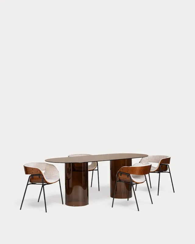 Set di Tavolo da Pranzo Ovale in vetro temperato (200x90 cm) Kolu e 4 Sedie in Legno e Tessuto Berlin