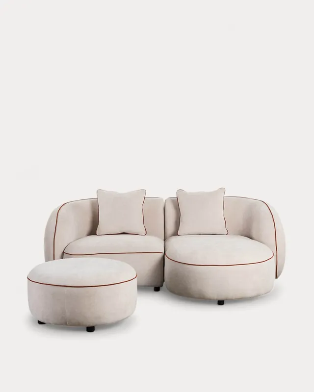 Divano Angolare Modulare in 2 Pezzi con Chaise Longue e Pouf Rotondo in Tessuto Ilham