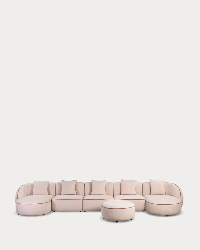 Divano Modulare in 5 Pezzi con 2 Chaise Longue e Pouf Rotondo in Tessuto Ilham