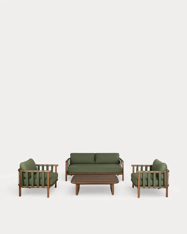 Set da Giardino con Divano a 2 Posti, 2 Poltrone e Tavolino in Legno di Eucalipto e Tessuto Edvard