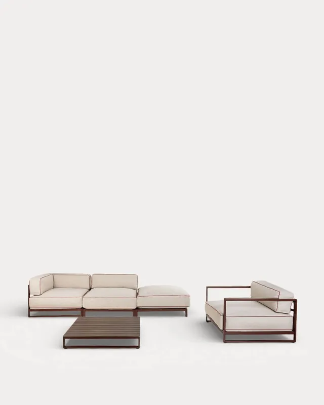 Set da Giardino con Modulo Angolare, Modulo Centrale, Modulo Pouf, Poltrona e Tavolino in Metallo e Tessuto Kristen