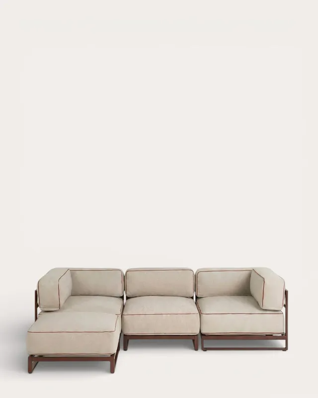 Divano da Giardino Modulare a 3 Pezzi con 2 Moduli Angolari e Modulo Centrale con Pouf in Metallo e Tessuto Kristen