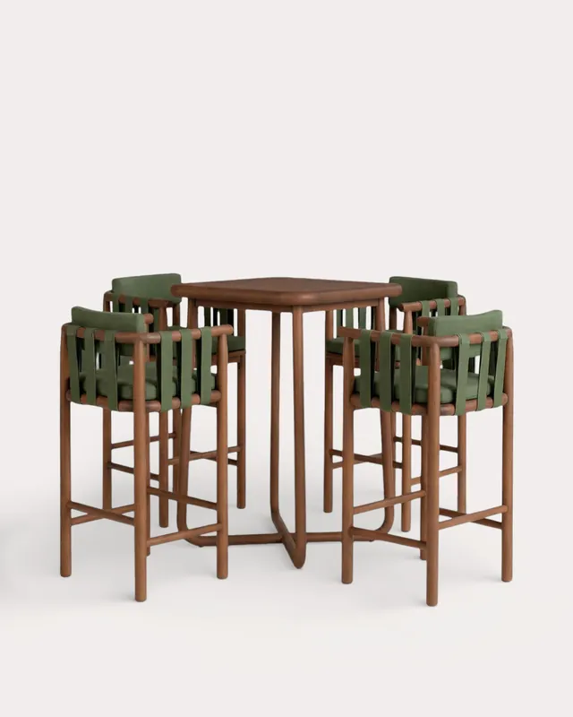 Set Tavolo da Pranzo Alto (70x70 cm) e 4 Sgabelli Alti in Legno di Eucalipto e Tessuto Edvard