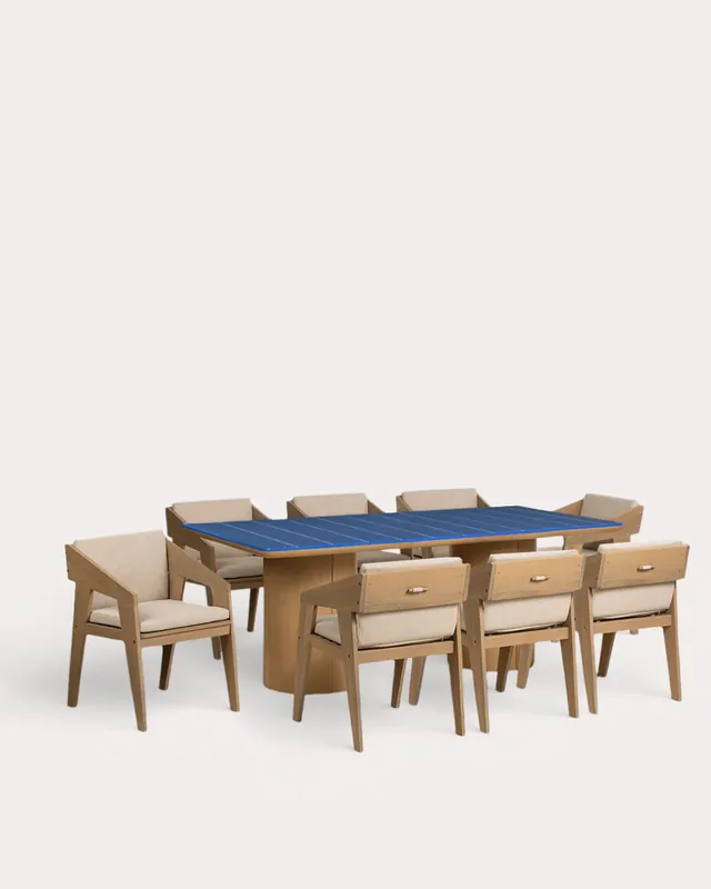 Set Tavolo Rettangolare in Cemento (200x105 cm) Pepe e 8 Poltrone in Legno di Acacia Tanon per uso Esterno