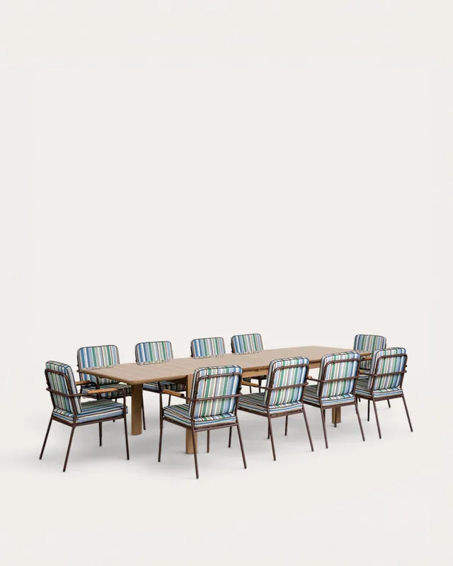 Set Tavolo Rettangolare Estensibile in Legno Ubel (225-330x100 cm) e 10 Sedie da Esterno con Braccioli in Metallo Edimbra