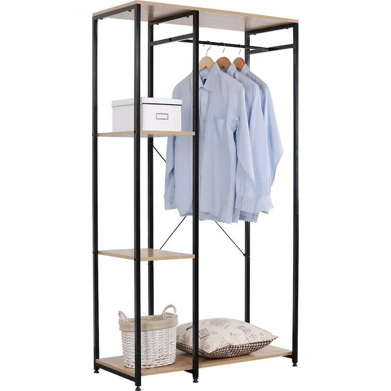 Stand Appendiabiti Legno Metallo con Asta e 3 Ripiani Guardaroba 90x40x167cm