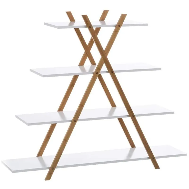 Libreria Design Moderno Scaffale 4 Ripiani Legno MDF e Bambu Casa Ufficio Bianco