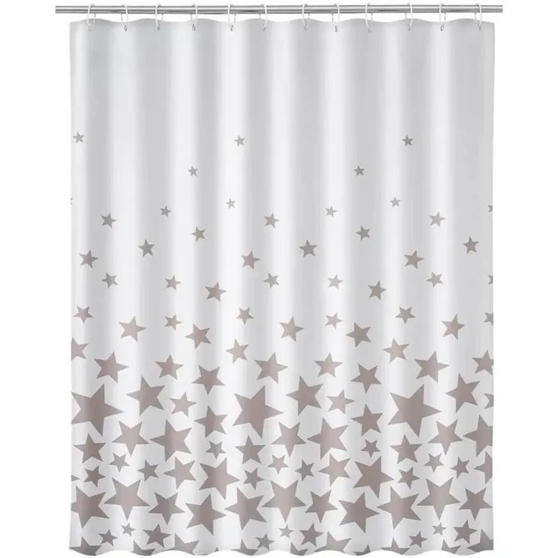 Tenda Doccia Bagno Stampa Stelle Grigio 180x200cm Tessuto con Ganci Poliestere