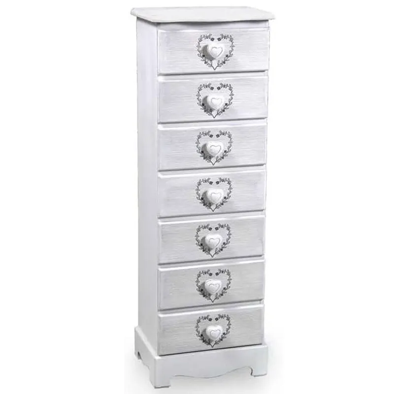 Cassettiera Settimino in legno 7 cassetti Bianco Perla Cuori 29 x 23 x 89 cm