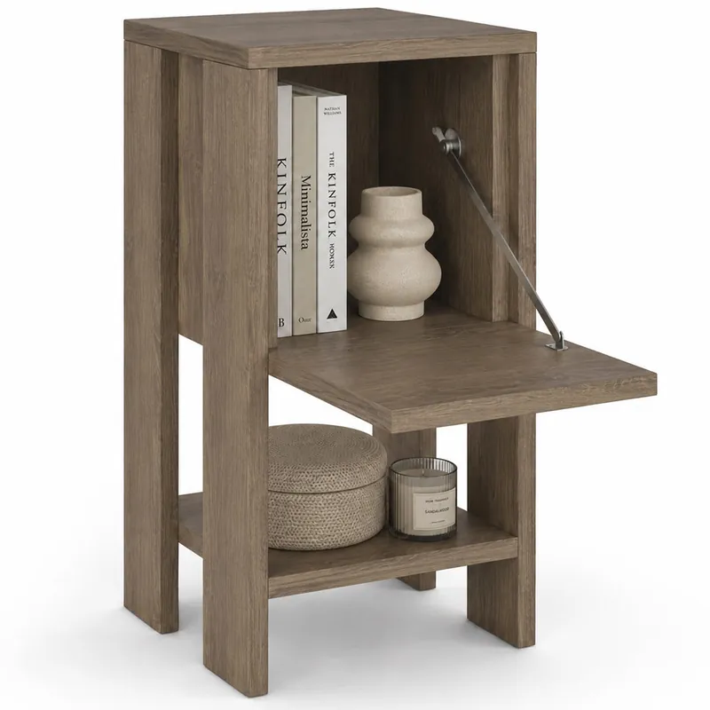 Comodino Mobiletto 2 Ripiani con Anta Ribalta Tavolino Design Moderno Rovere