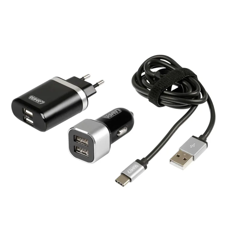 Kit Usb Type-C 2 caricatori Usb doppia presa e cavo nero/grigio