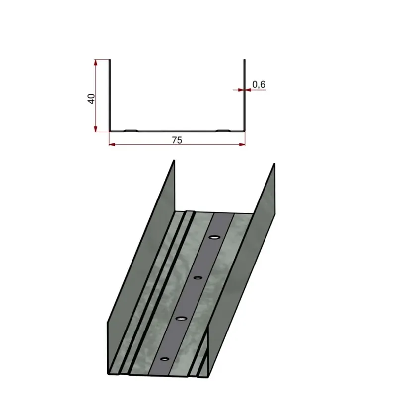 Profilo guida a U in acciaio zincato 75/40 sp 6/10 L 3 m grigio