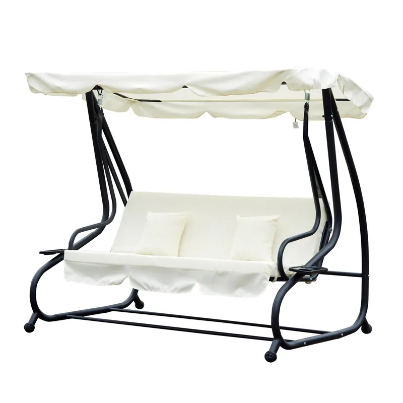 EASYCOMFORT Dondolo da Giardino 3 Posti, Convertibile in Letto a Dondolo con Tetto Regolabile, 2 Portabicchieri, Crema, 200×120×164cm