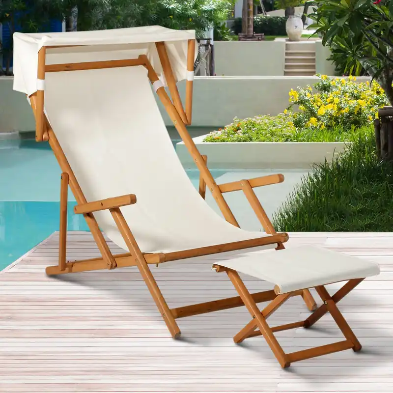 EASYCOMFORT Sdraio da Giardino in Legno con Poggiapiedi e Tettuccio, Set 2 Pezzi Bianco Crema