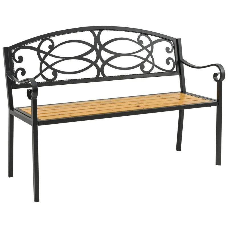 Easycomfort Panchina da Giardino, Panchina da Esterno a 2 Posti in Metallo e Legno, Panca da Esterno Schienale con Decorazione Vintage e Braccioli, 127x52x88cm