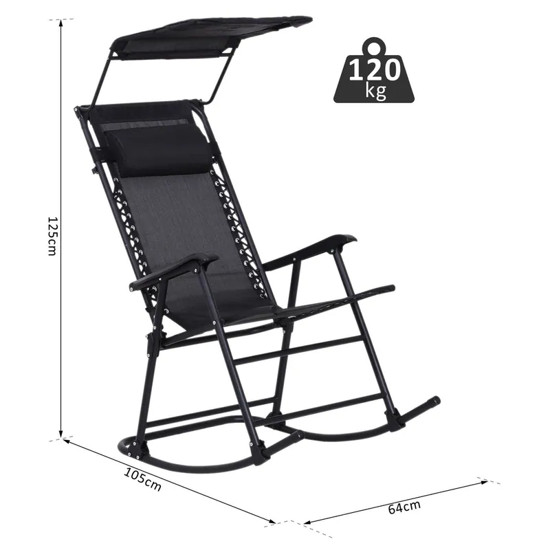 Easycomfort Sedia a Dondolo da Giardino Ergonomica, Sdraio da Esterno Pieghevole con Tettuccio Rimovibile in Acciaio e Texteline 105 x 64 x 125cm, Nero