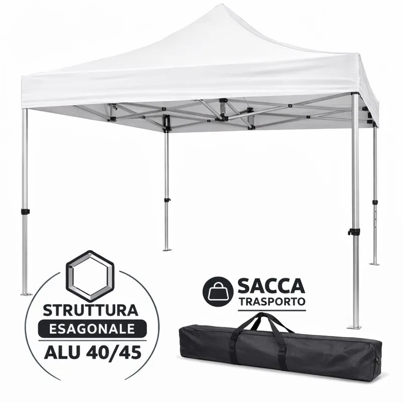 Gazebo Richiudibile Professionale Market-Pro 3x3 Struttura In Alluminio Esagonale Impermeabile Bianco