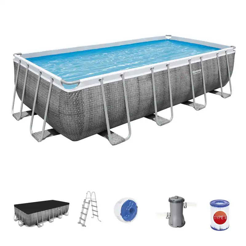 Piscina Fuori Terra Bestway 56996 Set piscina Power Steel (488x244x122h) Rivestimento esterno effetto rattan grigio Scaletta rampa esterna+Pompa filtrante 11,532 Litri