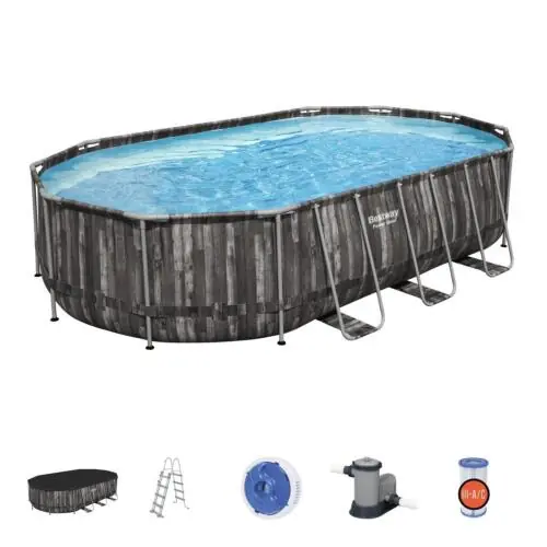 Piscina Fuori Terra Bestway 5611R Power Steel Frame (610x366x122h) Rivestimento effetto legno Top di copertura+Scaletta rampa esterna+Pompa filtrante 20.241 Litri