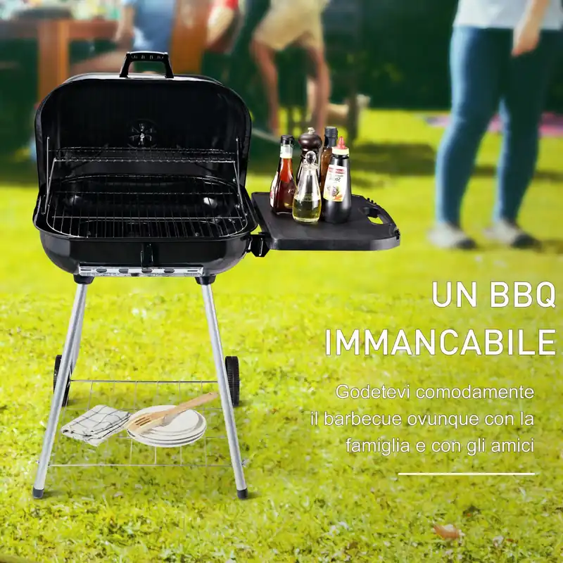 EASYCOMFORT BBQ Barbecue a Carbonella con 2 Griglie Pieghevole Ripiano Laterale 2 Ruote e Coperchio Metallo 89 x 60 x 83 cm Nero