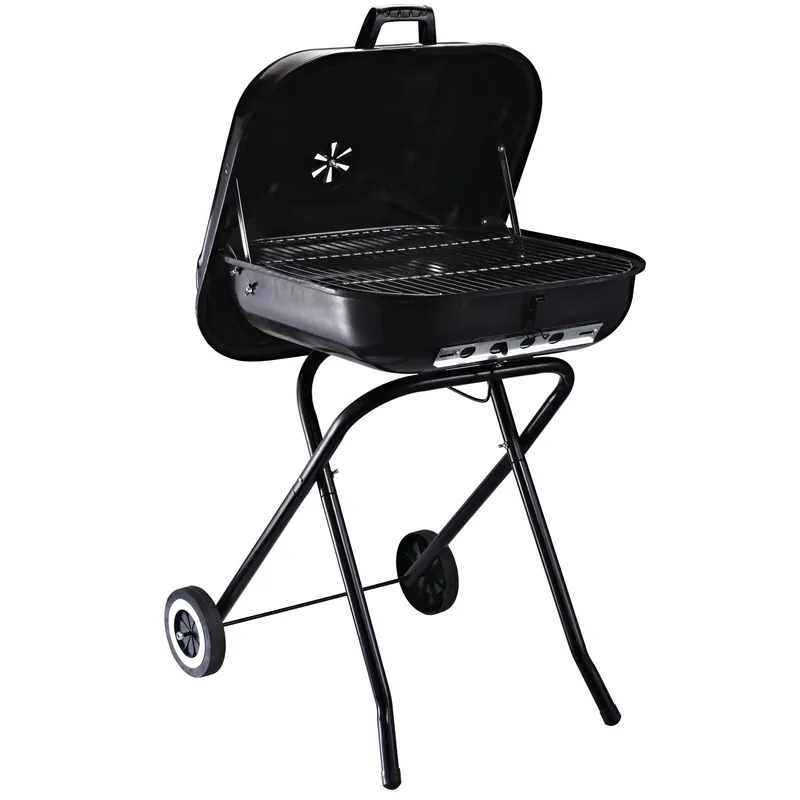 EASYCOMFORT Barbecue in Acciaio con Coperchio e Ruote Nero 57x70x86cm
