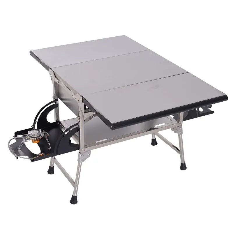 EASYCOMFORT Tavolino Barbecue BBQ Portatile con Fornello a Gas Pieghevole in Alluminio, Argento, 104.2x85.5x55cm