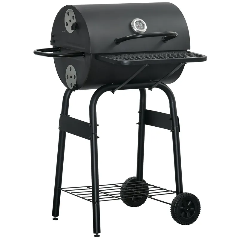 EASYCOMFORT Barbecue a Carbone con Coperchio, Termometro, Mensole e Ruote, 68x63x102cm, Nero