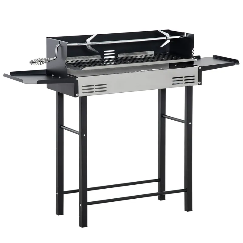 EASYCOMFORT Barbecue a Carbone con Griglia, Girarrosto e Mensole Pieghevoli, 118x32x90cm