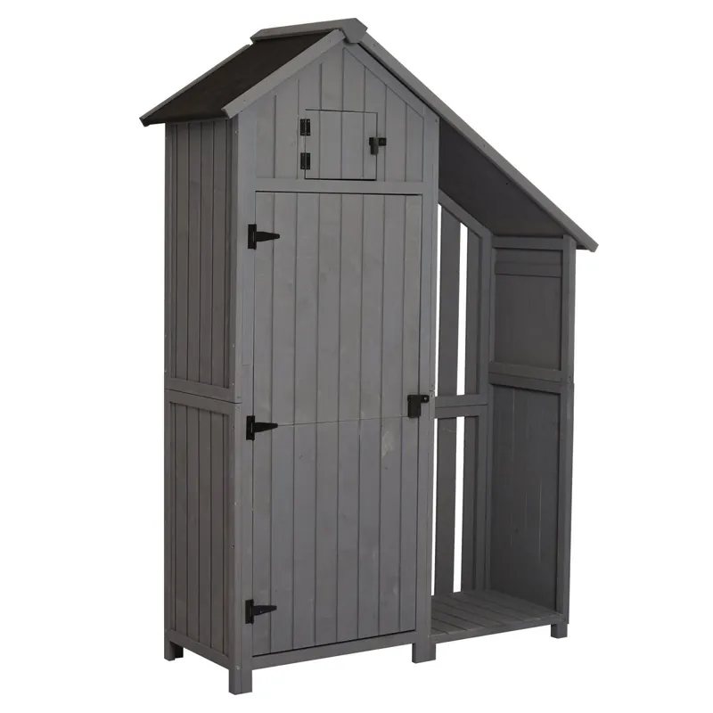 EASYCOMFORT Casetta Porta Attrezzi da Giardino in Legno di Abete Impermeabile con Ripiani e Legnaia, Grigia 129x51.5x180cm