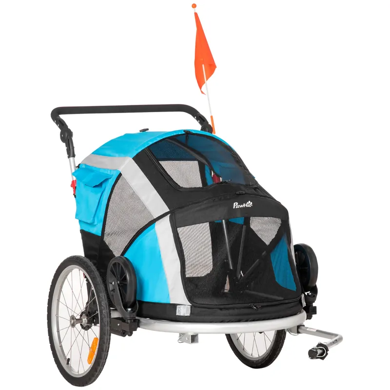 Easycomfort Carrello Trasporto Cani sotto i 30kg, Rimorchio Bici per Cani con Porta Anteriore e Posteriore, Finestre a Rete e Tetto Apribile, 150x82x98-108cm