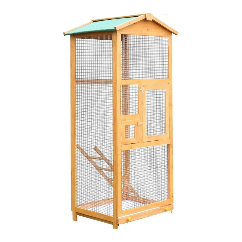 EASYCOMFORT Gabbia per Uccellini da Esterno in Legno di Pino, Voliera con 2 Aperture e Scaletta, 68x63x165cm