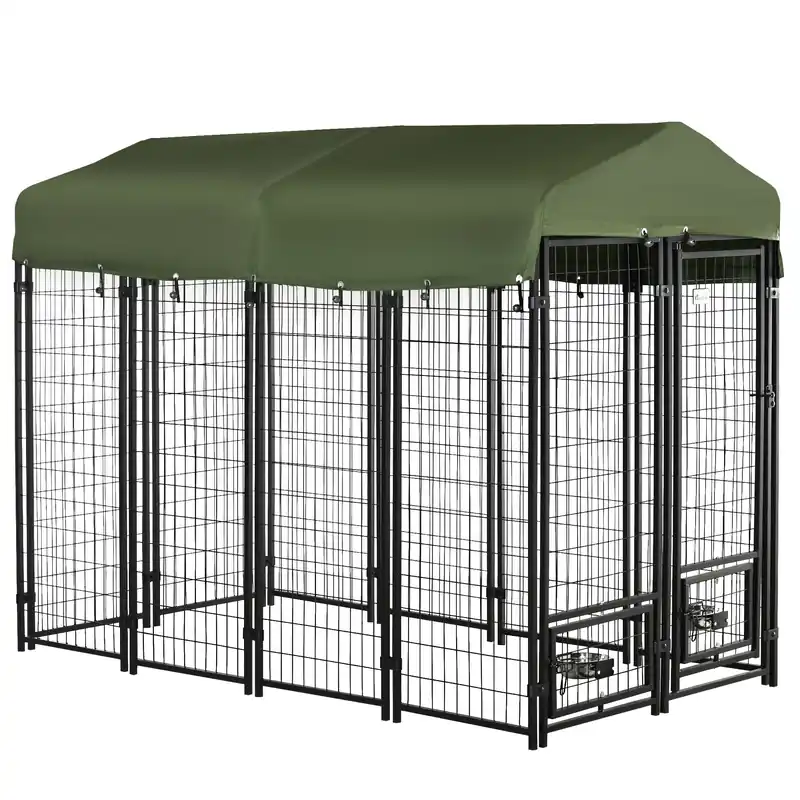 Easycomfort Kennel per Cani in Acciaio per Interni ed Esterni con Tettuccio in Tessuto Oxford e 2 Ciotole, 244x122x183 cm