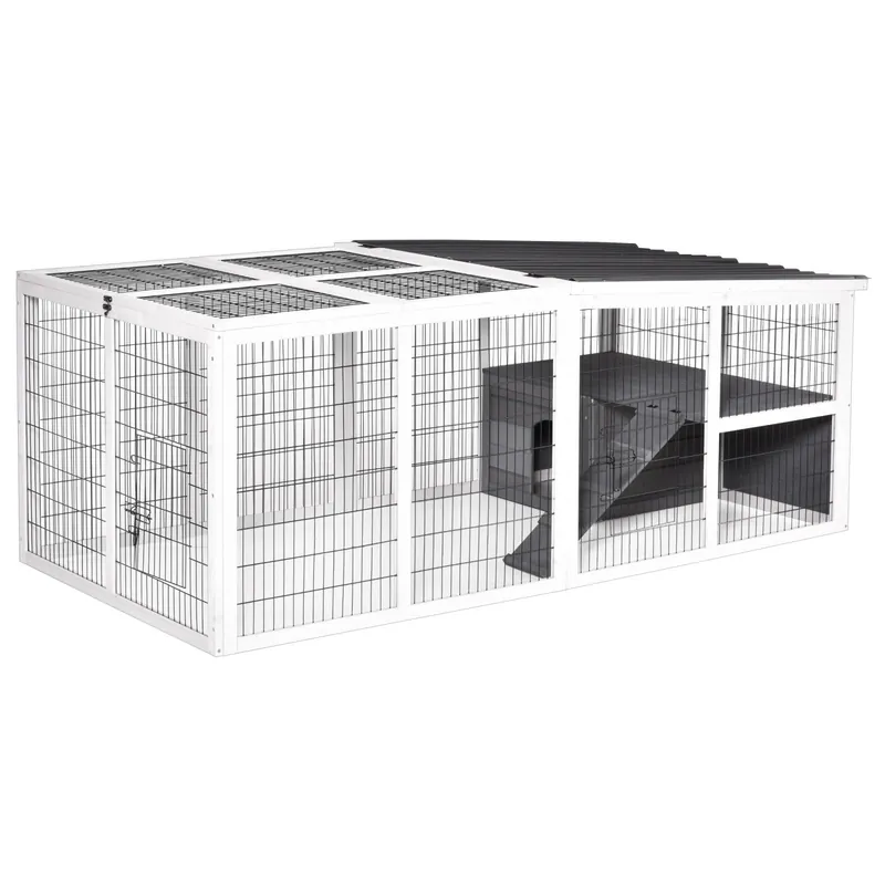 EASYCOMFORT Conigliera da Esterno con Casetta e Recinto in Legno e Metallo, Grigia