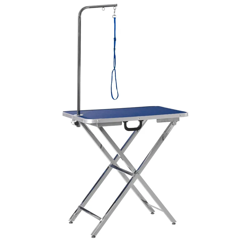 EASYCOMFORT Tavolo Toelettatura Pieghevole con Maniglia Integrata, Braccio Regolabile e Guinzaglio, 70x45x74-81cm, Blu