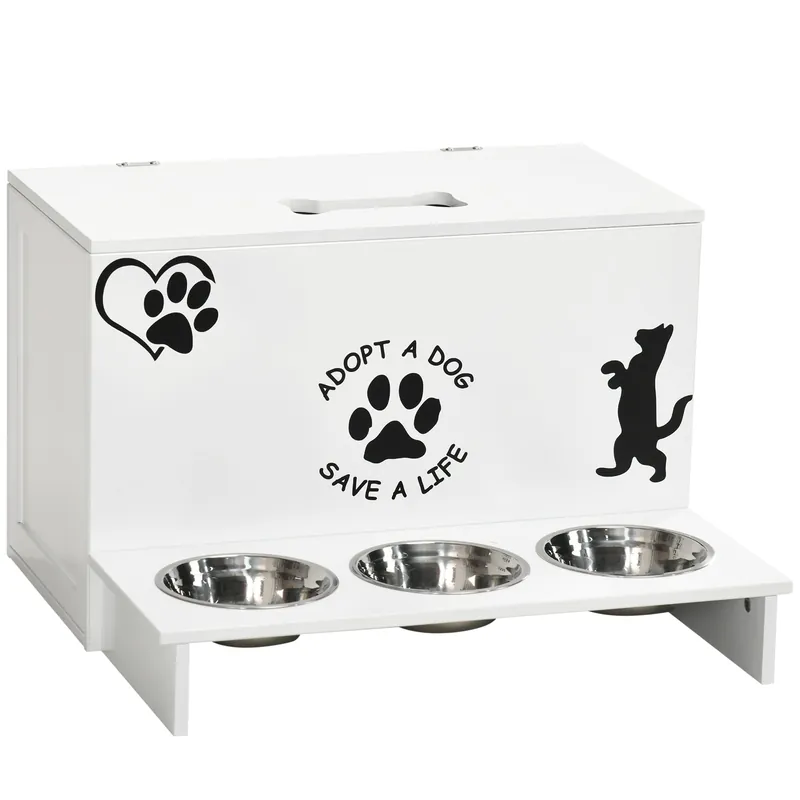 EASYCOMFORT Set 3 Ciotole per Cani da 500ml con Spazio a Scomparsa e Supporto in MDF e Acciaio Inox, 57x53x37.5 cm, Bianco