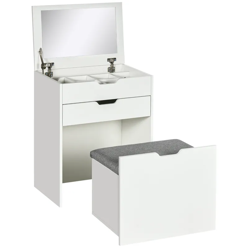 Easycomfort Toeletta da Camera con Specchiera, Cassetto e Sgabello Abbinato in Legno, Bianco