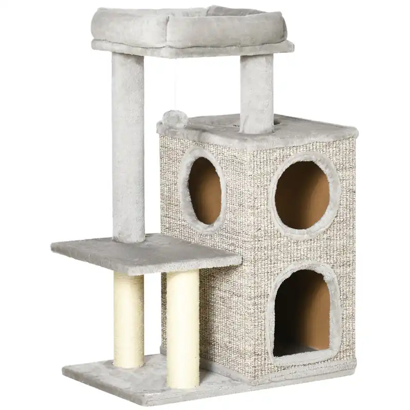 Easycomfort Tiragraffi per Gatti da 5kg max con Lettino e Pallina da Gioco, in Truciolato, Peluche e Sisal, 60x40x91 cm