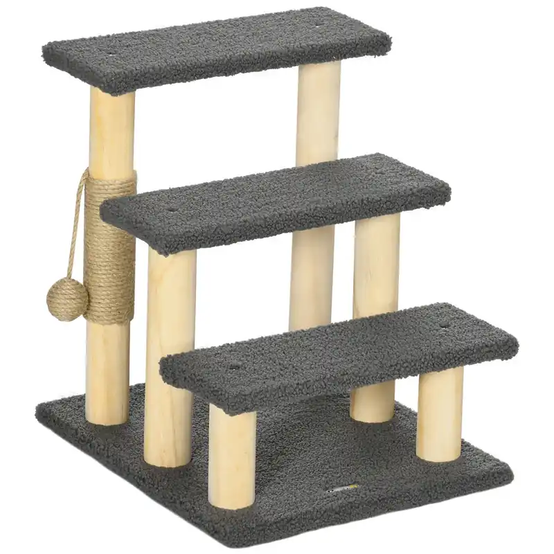 EASYCOMFORT Tiragraffi Scaletta per Gatti a 3 Livelli, Pali in Juta e Pallina, 45x40x48cm, Grigio