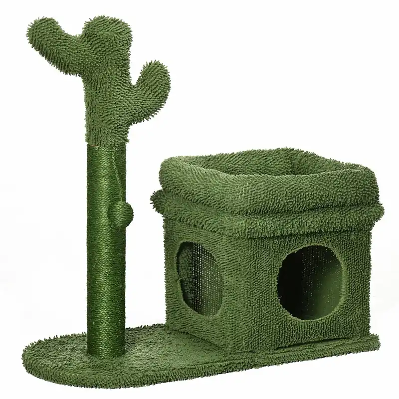 Easycomfort Tiragraffi per Gatti con Lettino, Casetta e Palo in Sisal a Forma di Cactus, 68x30x67cm, Verde