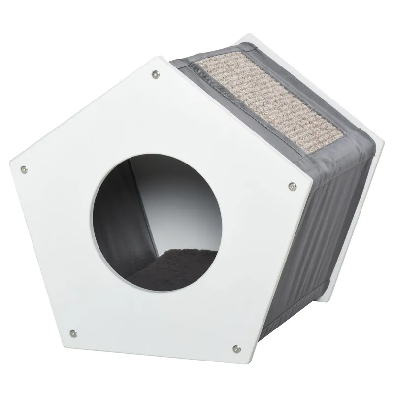 EASYCOMFORT Cuccia per Gatti Casetta con Tiragraffi in Sisal e Cuscino, Bianco