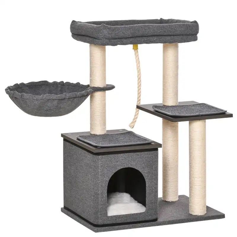 Easycomfort Albero Tiragraffi per Gatti con Lettino, Amaca, Casetta e Pali in Sisal, 60x40x83cm, Grigio