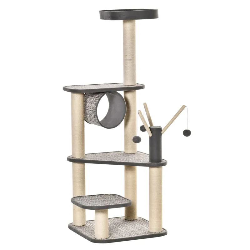 Easycomfort Albero Tiragraffi per Gatti con Lettino, Tunnel, Pali in Sisal e Palline, 49x49x130cm