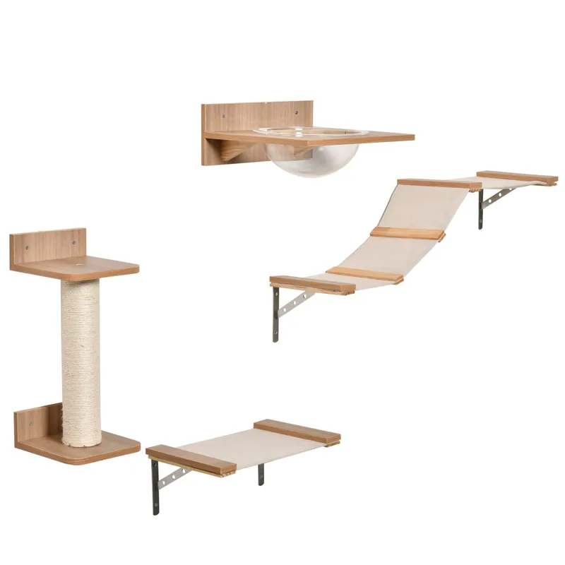 Easycomfort Tiragraffi per Gatti da Parete Set 4 Pezzi in Legno e Sisal - Marrone